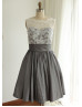Ivory Lace Gray Taffeta V Back Short Vintage Bridesmaid Dress
